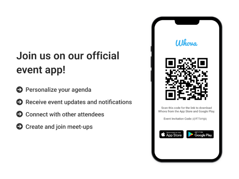 A picture of the qr code to scan Whova app that says: "Join us on our official event app! Personalise your agenda, receive event updates and notifications, connect with other attendees, create and join meet-ups".